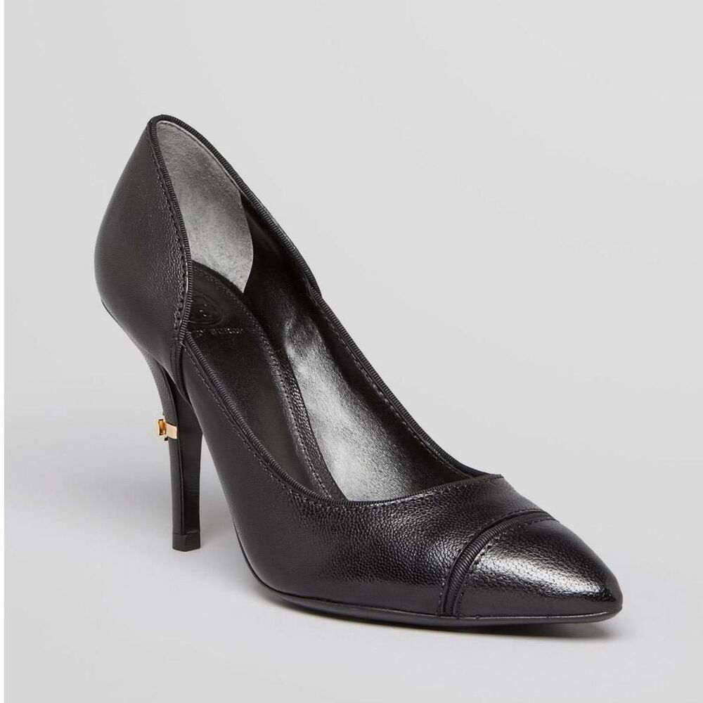 Tory Burch Black Leather Pointed Cap Toe Pumps Gold Logo Stiletto Heels 8